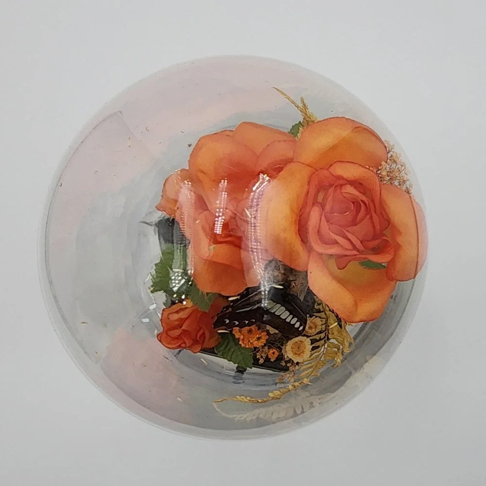 Vintage Glass Dome Floral Cloche with Butterfly Dried & Orange‎ Faux Flowers